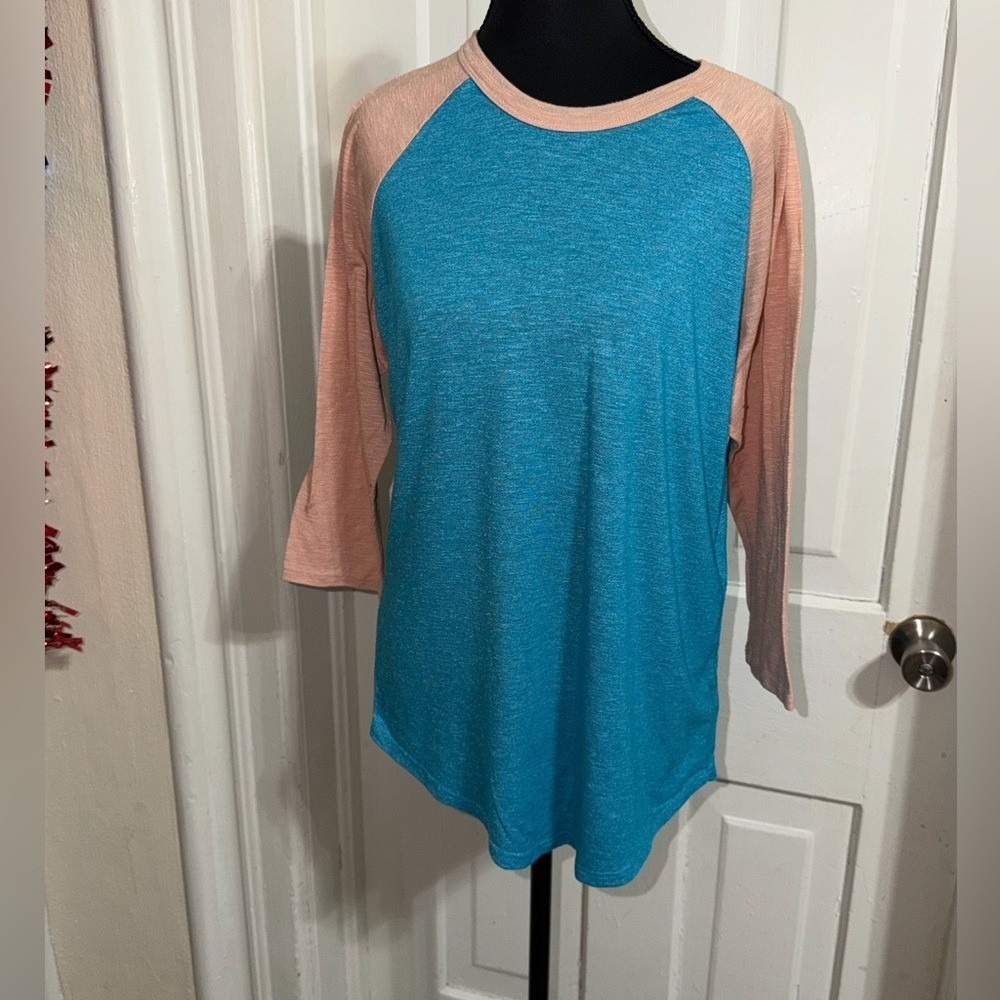 Women's size medium LuLaRoe Teal and Peach Long Sleeve Raglan Top, shirt, blouse